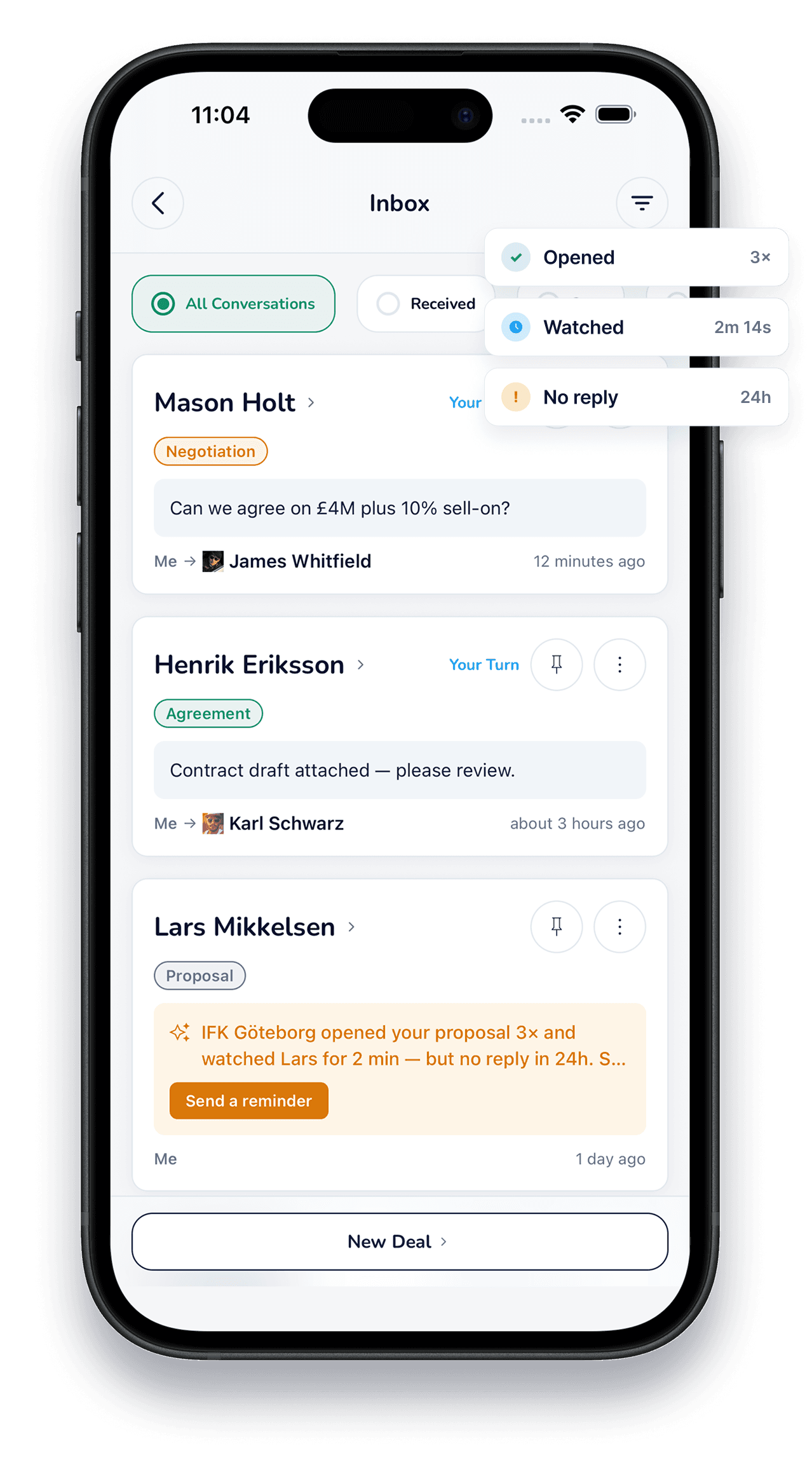NegotiateWind agent view, real-time signals on every proposal: opened, watched, forwarded