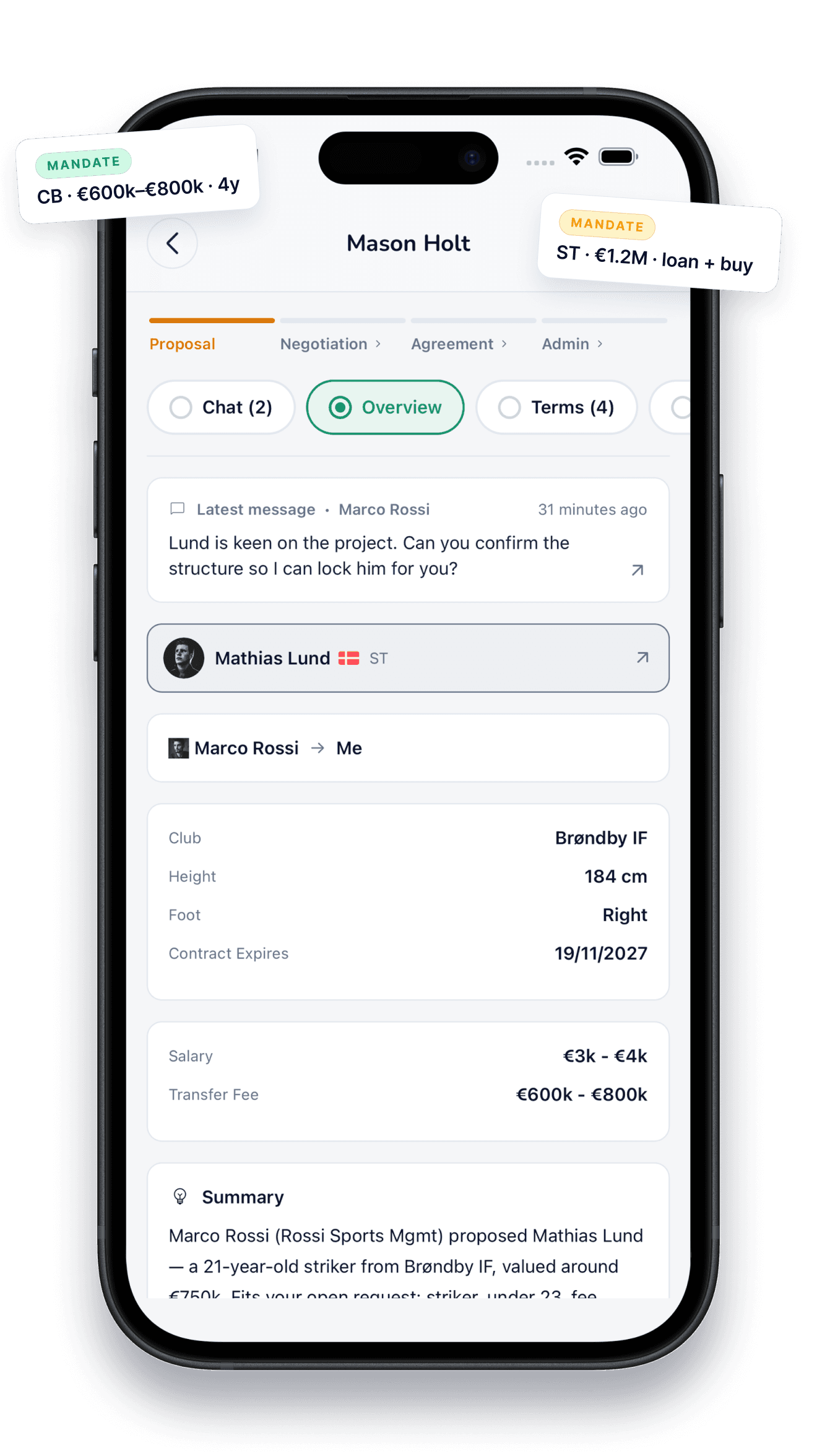 NegotiateWind club view — Mason Holt deal with mandate badges, structured terms and AI summary