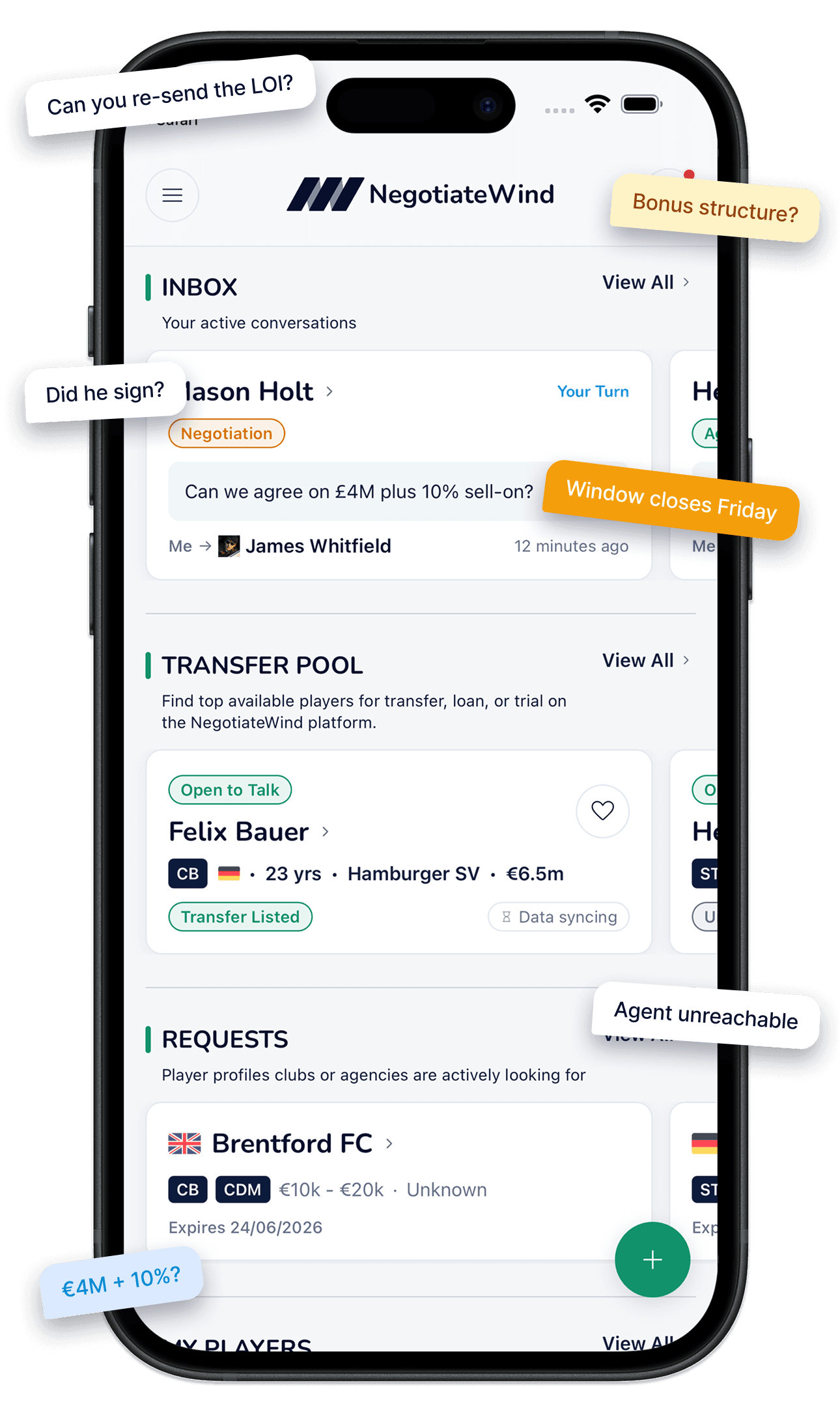 NegotiateWind app — Inbox, Transfer Pool and Requests, replacing scattered WhatsApp threads