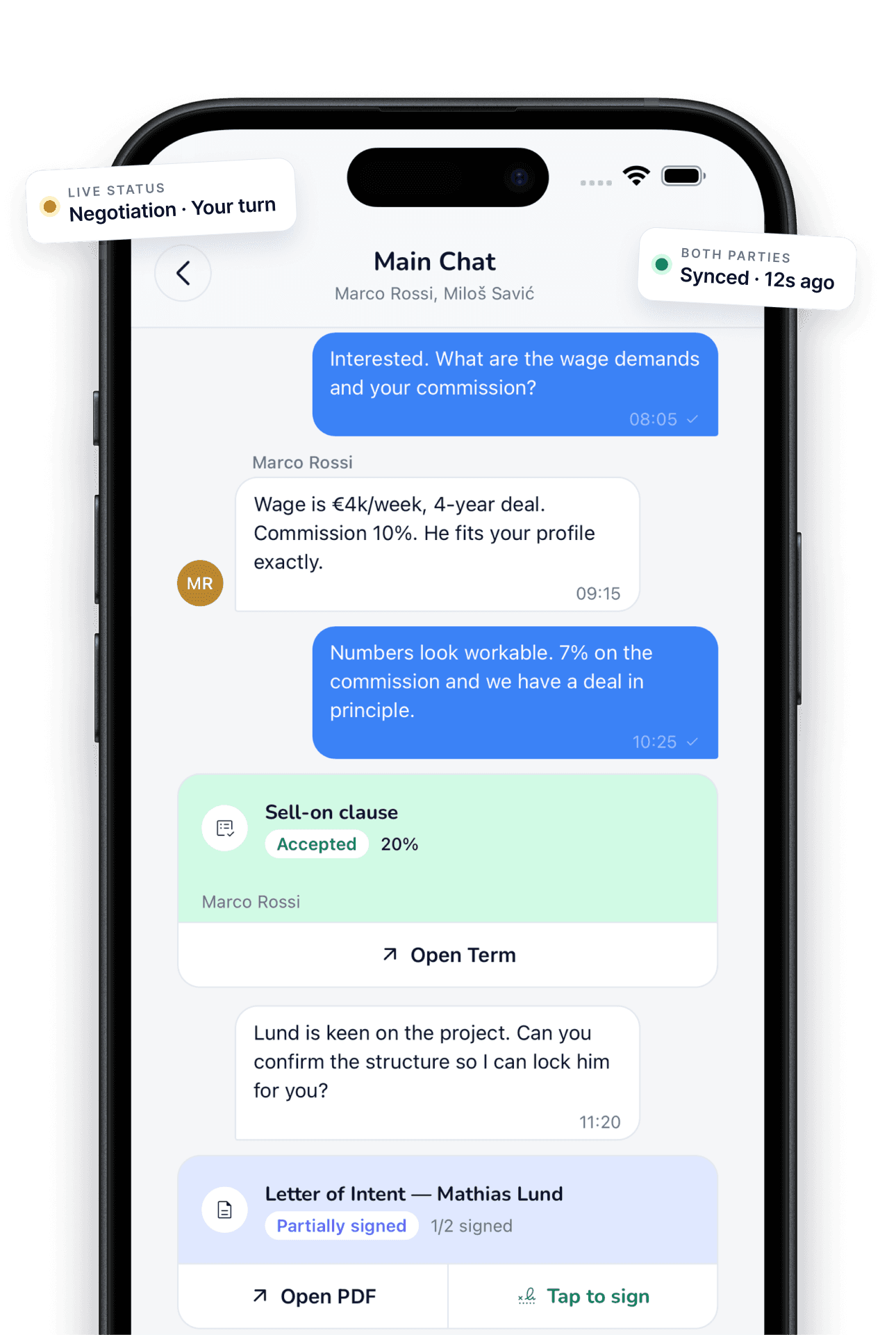 NegotiateWind mobile app — chat with live status, AI-detected terms and in-app signing